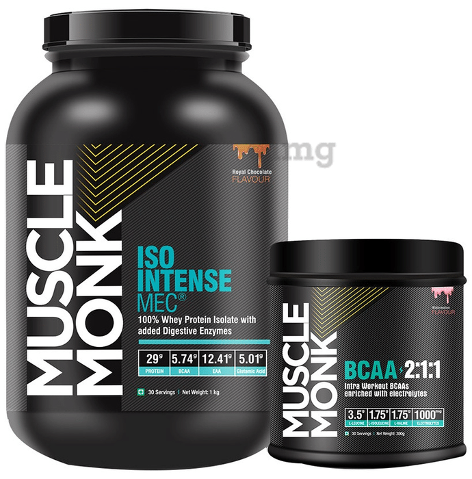 Muscle Monk Combo Pack of Iso Intense MEC 100% Whey Protein Isolate Royal Chocolate 1kg & BCAA 2:1:1 Watermelon 300gm