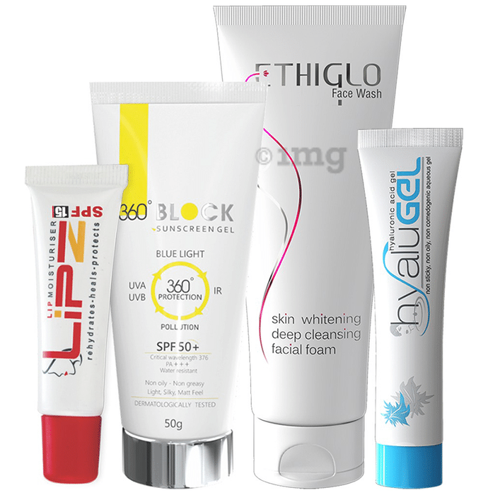Ethicare Remedies Day Skincare Routine Kit (Ethiglo Face Wash 70ml, Hyalugel 30gm, 360° Block Sunscreen Gel SPF 50+ 50gm and Lipzlite Lightening Cream 15gm)
