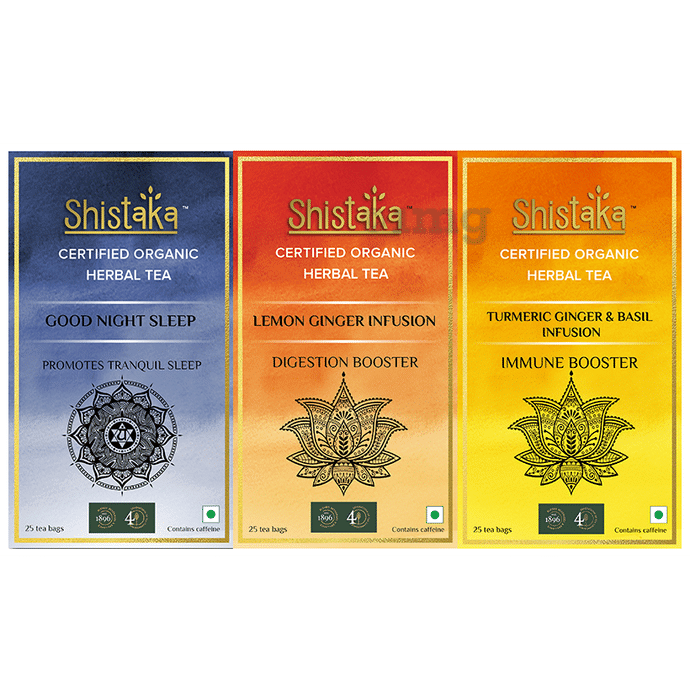 Shistaka Combo Pack of Certified Organic Herbal Tea (1.8gm Each) Good Night Sleep,Lemon Ginger Infusion & Turmeric Ginger & Basil Infusion