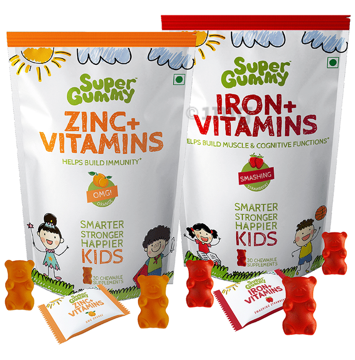 Super Gummy Combo Pack of Zinc+Vitamins Gummies OMG Orange & Iron+Vitamins Gummies Smashing Strawberry (30 Each)