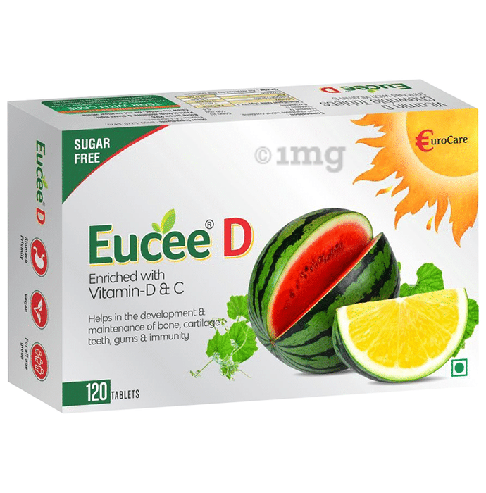 Eucee D with Vitamin D & C for Bones Watermelon Sugar Free for Immunity, Bone, Cartilage, Teeth & Gums Watermelon Tablet
