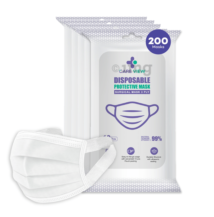 Care View 3 Ply Surgical Disposable Protective Mask with Soft Fabric Earloop (10 Each) White