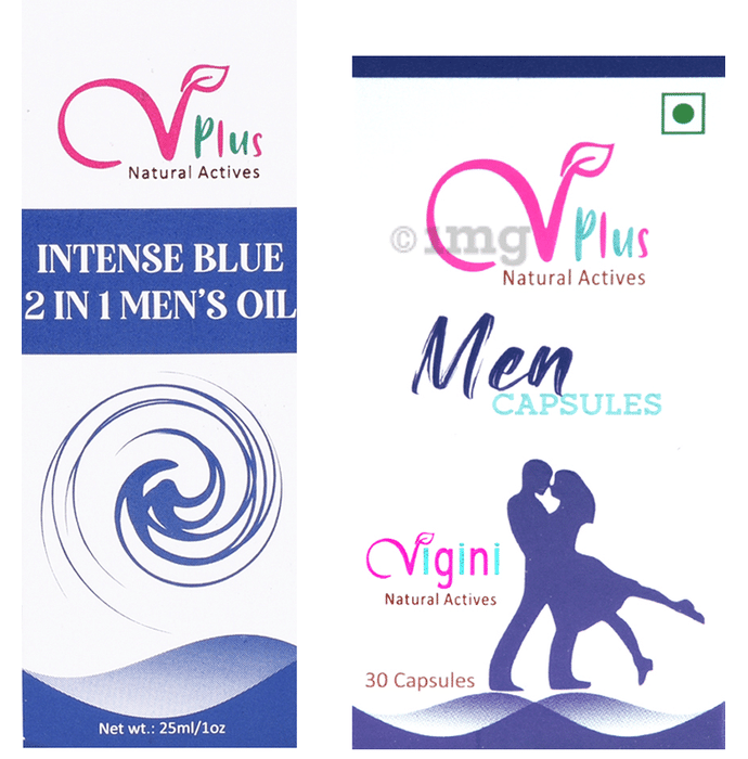 Vigini VPlus Natural Actives Combo Pack of Intense Blue 2 in 1 Men's Oil 25ml & Men 30 Capsule