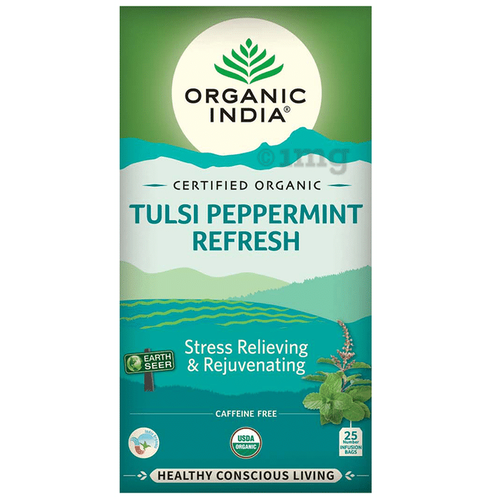 Organic India Tea for Immunity, Antioxidant Support & Stress Relief | Flavour Tulsi Peppermint Refresh Green Tea