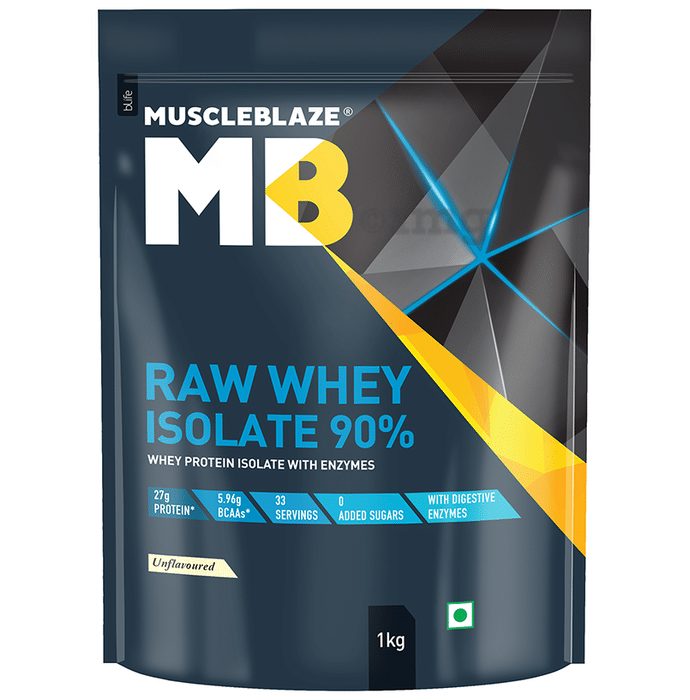 MuscleBlaze Raw Whey Protein Isolate | With Digestive Enzymes & BCAAs | For Muscle Gain | Unflavoured
