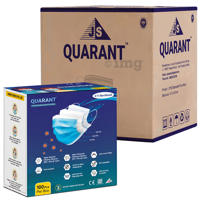 Quarant 3 Ply Disposable Surgical Face Mask with Adjustable Nose Pin, UV Sterilized (100 Each) Free Size Blue
