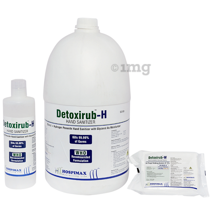Detoxirub Combo Pack of Detoxirub-H Hand Sanitizer 5Ltr, 500ml & Detoxirub-W Rapid Disinfection 30 Wet Wipes