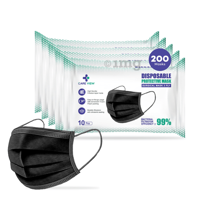 Care View 3 Ply Surgical Disposable Protective Mask (10 Each) Black