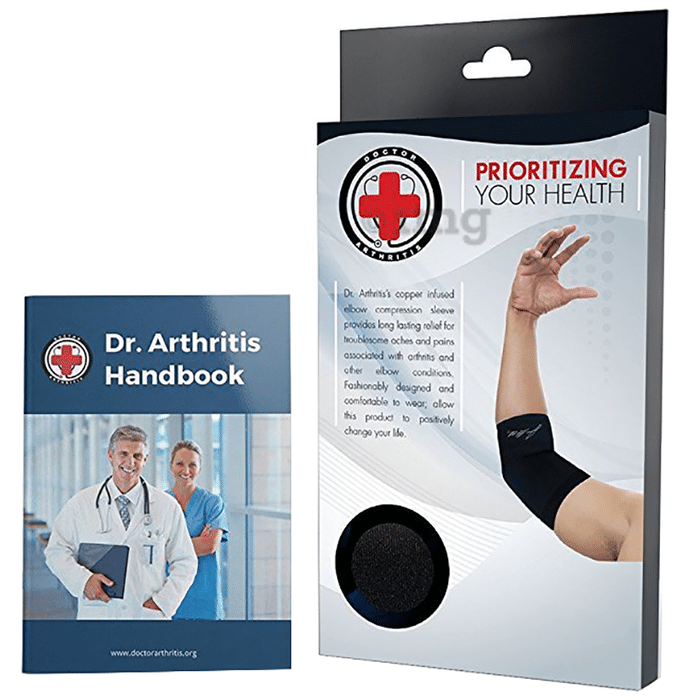 Dr. Arthritis Copper Infused Elbow Compression Sleeve & Doctor Written Handbook Single Small Black