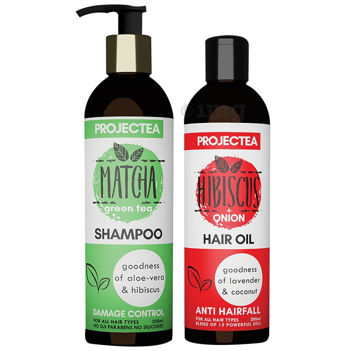 Projectea Combo Pack of Matcha Green Tea Shampoo & Hibiscus+Onion Hair Oil (200ml Each)