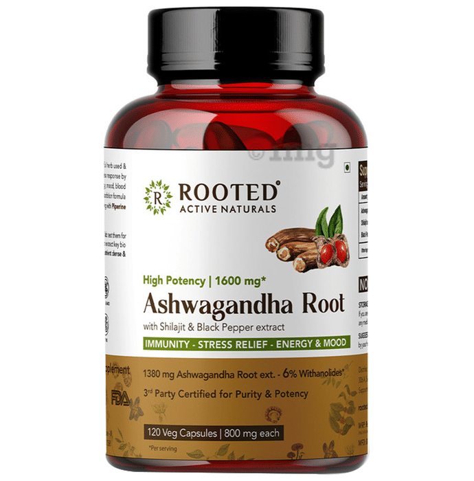 Rooted Active Naturals High Potency Ashwagandha Root with Shilajit & Black Pepper Extract 1600mg Veg Capsule