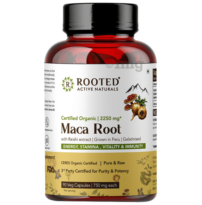 Rooted Active Naturals Certified Organic Maca Root with Reishi Extract 2250mg Veg Capsule