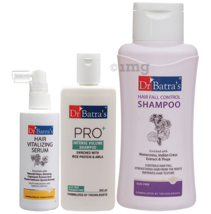 Dr Batra's Combo Pack of Hair Vitalizing Serum 125ml, Pro+ Intense Volume Shampoo 200ml and Hair Fall Control Shampoo 500ml