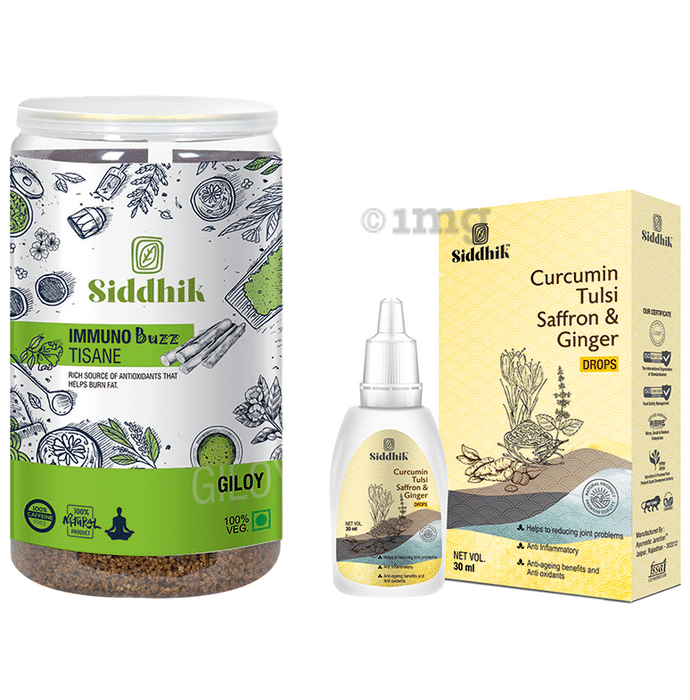 Siddhik Combo Pack of Immuno Buzz Tisane Giloy Tea 250gm & Curcumin Tulsi Saffron and Ginger Drop 30ml
