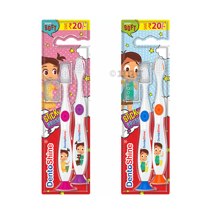 DentoShine Sticky Toothbrush Twin Pack for Kids (Pink & Purple + Blue & Orange)