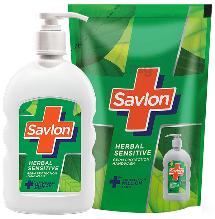 Savlon Combo Pack of Germ Protection Handwash 200ml & Refill Pouch 175ml Herbal Sensitive