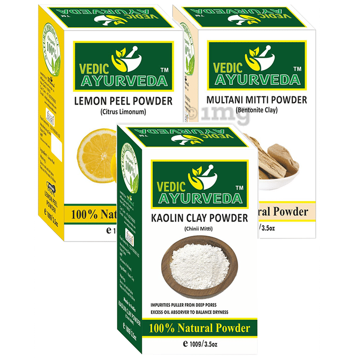 Vedic Ayurveda Combo Pack of Lemon Peel Powder, Multani Mitti Powder & Kaolin Clay Powder (100gm Each)