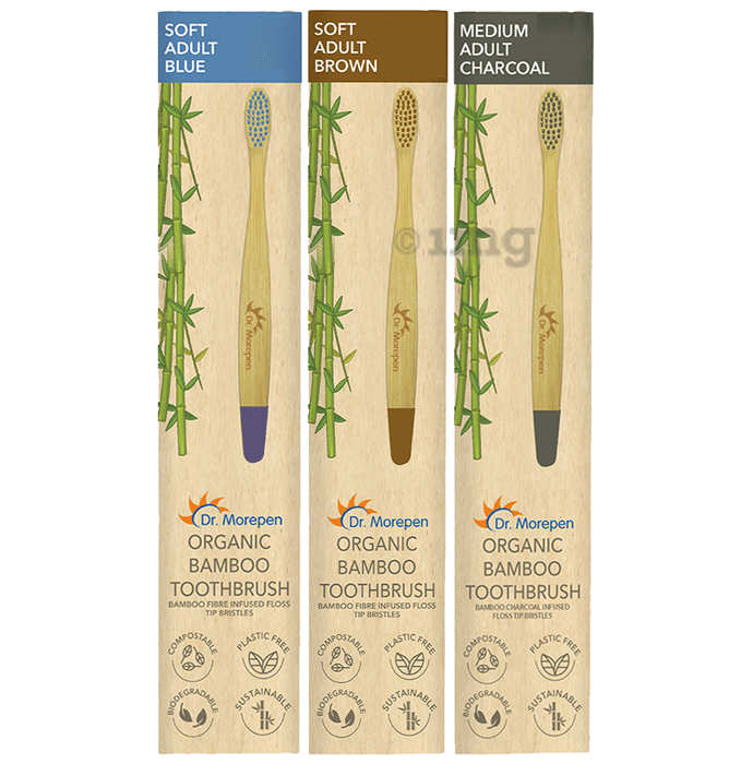Dr. Morepen Organic Bamboo Toothbrush Adult 1 Medium & 2 Soft Blue, Brown & Charcoal