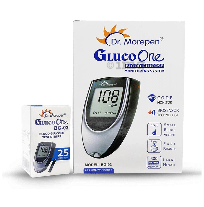 Dr Morepen BG 03 Gluco One Glucose Monitoring System Glucometer with Gluco One BG 03 Blood Glucose 25 Test Strip | Diabetes Monitoring Devices | Blood Glucose Monitors