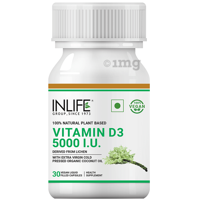 Inlife 100% Natural Plant Based Vitamin D3 5000IU | Vegan Liquid Filled Capsule for Bone & Knee Health