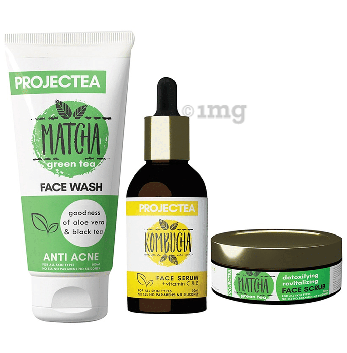 Projectea Combo Pack of Kombucha Face Serum 30ml, Matcha Green Tea Face Wash 100ml & Matcha Green Tea Face Scrub 50gm