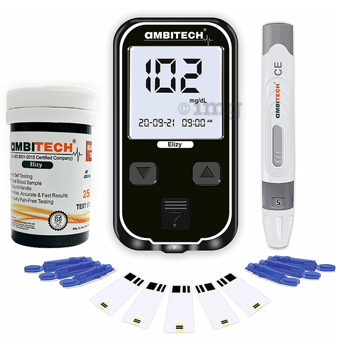 Ambitech Elizy Blood Glucometer Kit with 25 Strips & 25 Lancets