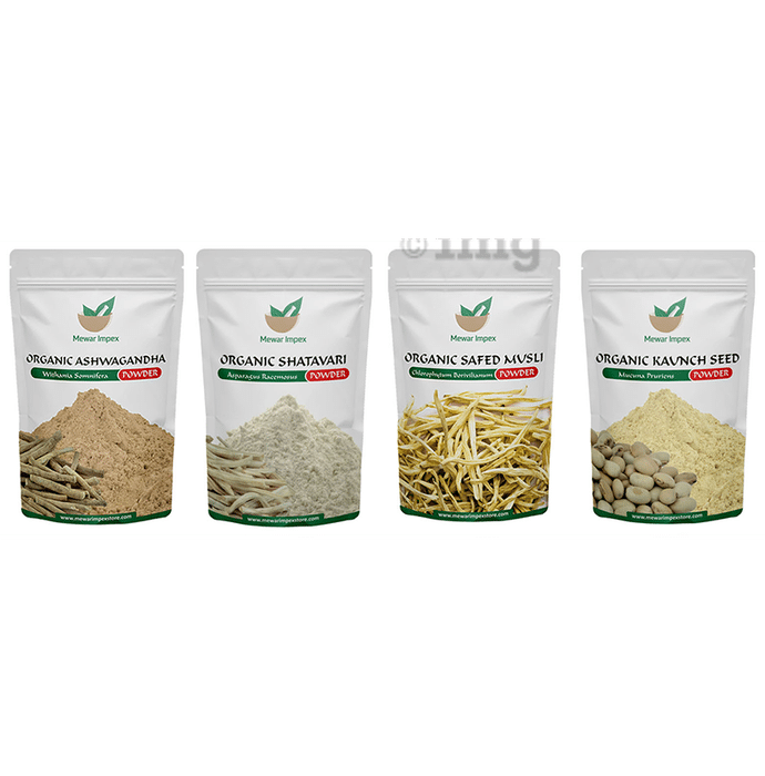 Mewar Impex Combo Pack of Organic Safed Musli Powder, Organic Ashwagandha Powder, Organic Kaunch Seed Powder & Organic Shatavari Powder (100gm Each)