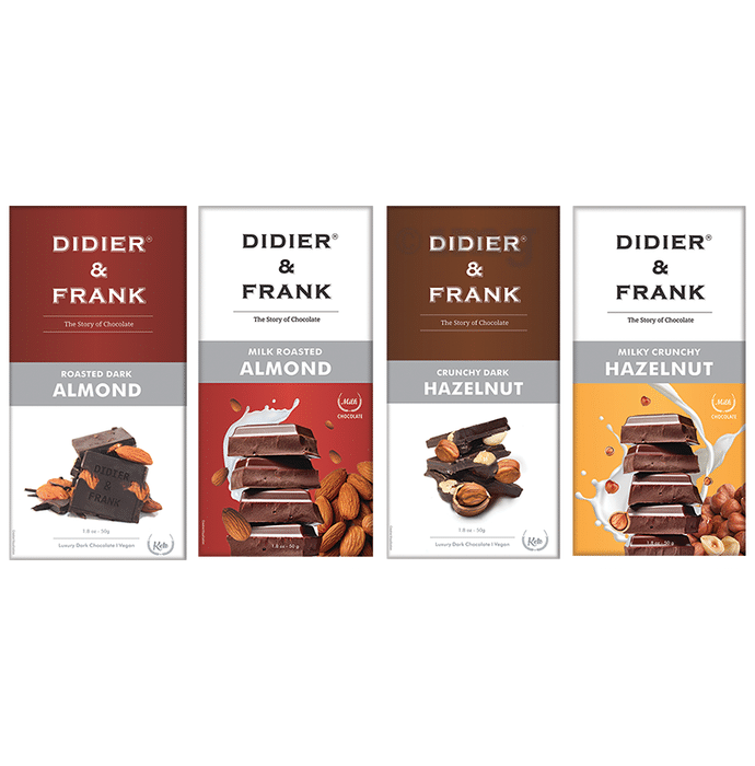 Didier & Frank Roasted Dark Almond, Crunchy Dark Hazelnut, Milk Roasted Almond & Milky Crunchy Hazelnut Chocolate (50gm Each)