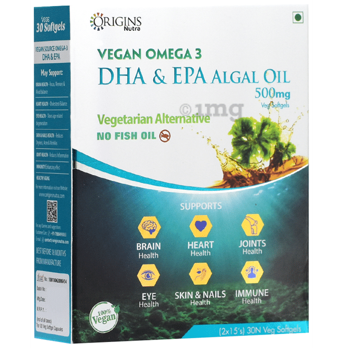 Origins Nutra Vegan Omega 3 DHA & EPA Algal Oil 500mg Veg Softgel