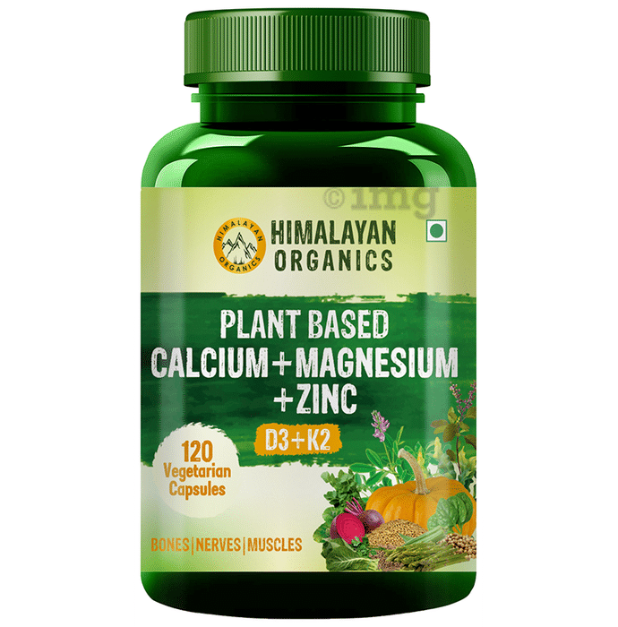 Himalayan Organics Plant Based Calcium, Magnesium, Zinc | With D3 + K2 | Vegetarian Capsule for Bones, Nerves & Muscles