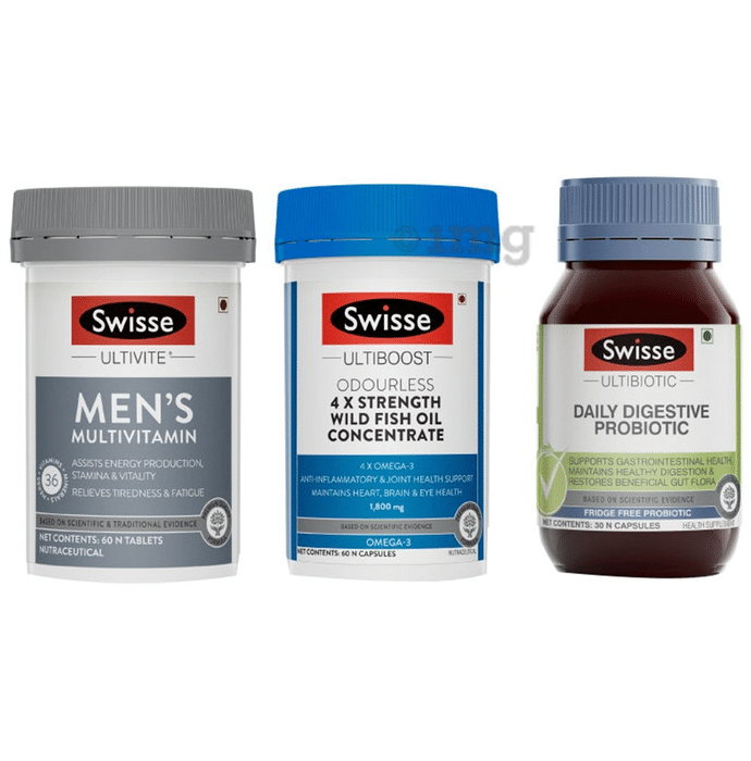 Men's Health Combo-Swisse Ultivite Men's Multivitamin 60 Tablet, Ultibiotic Daily Digestive Probiotic 30 Capsule & Ultiboost Odourless 4X Strength Wild Fish Oil Concentrate 60 Capsule