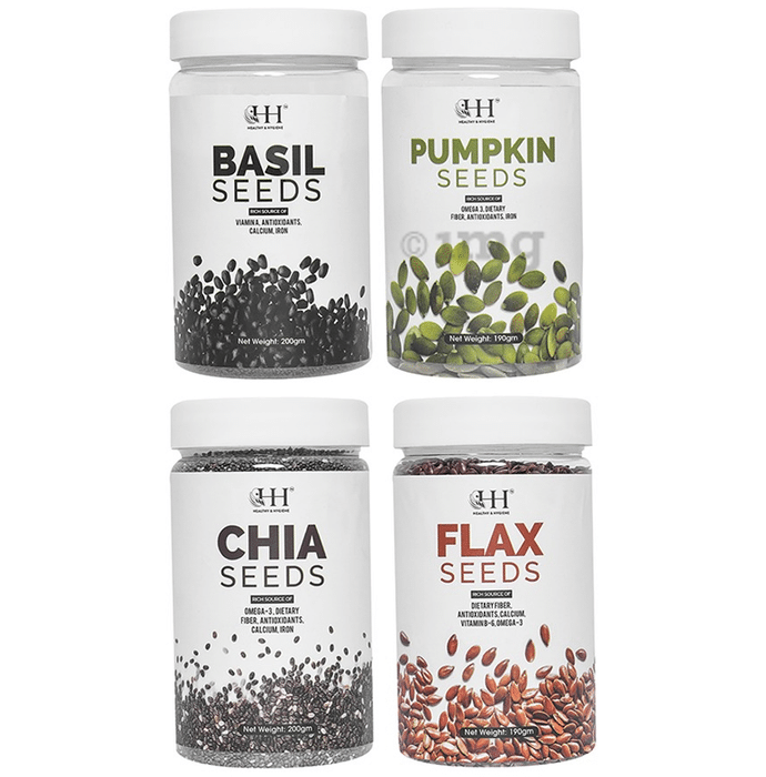 Healthy & Hygiene Combo Pack of Basil Seeds 200gm, Flax Seeds 190gm , Pumpkin Seeds 190gm & Chia Seeds 200gm
