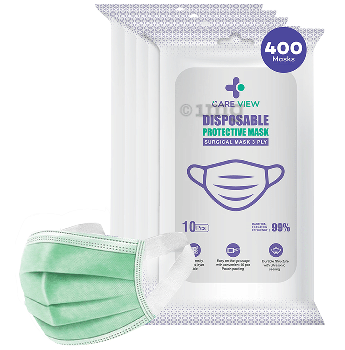 Care View 3 Ply Surgical Disposable Protective Mask with Soft Fabric Earloop (10 Each) Green
