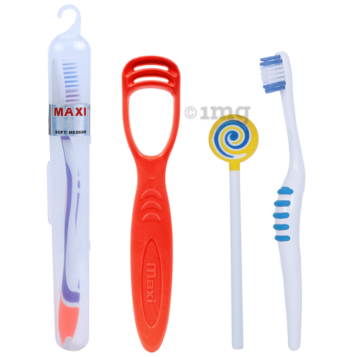 Maxi Oral Care Travel Pack of 1 Adult Toothbrush , 1 Number Tongue Cleaner , Milky White Toothbrush & Baby Tongue Cleaner