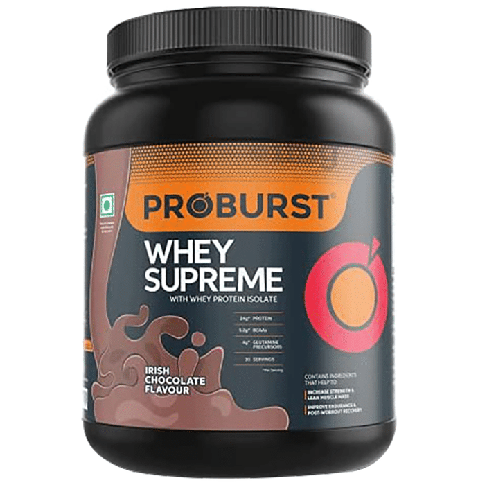 Proburst Whey Supreme Protein | With BCAAs & Glutamine for Muscle Recovery | Flavour Powder Irish Chocolate