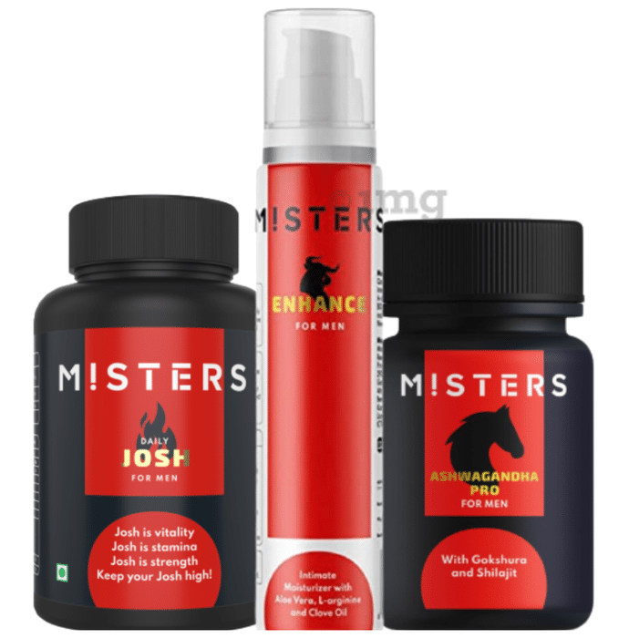 Misters Combo Pack of Daily Josh for Men 60 Veg Capsule, Enhance for Men Intimate Moisturizer 50gm and Ashwagandha Pro for Men 60 Veg Capsule