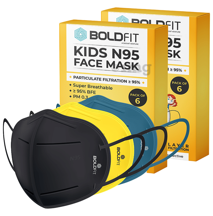 Boldfit Kids N95 Face Mask (6 Each) Black, Blue & Yellow