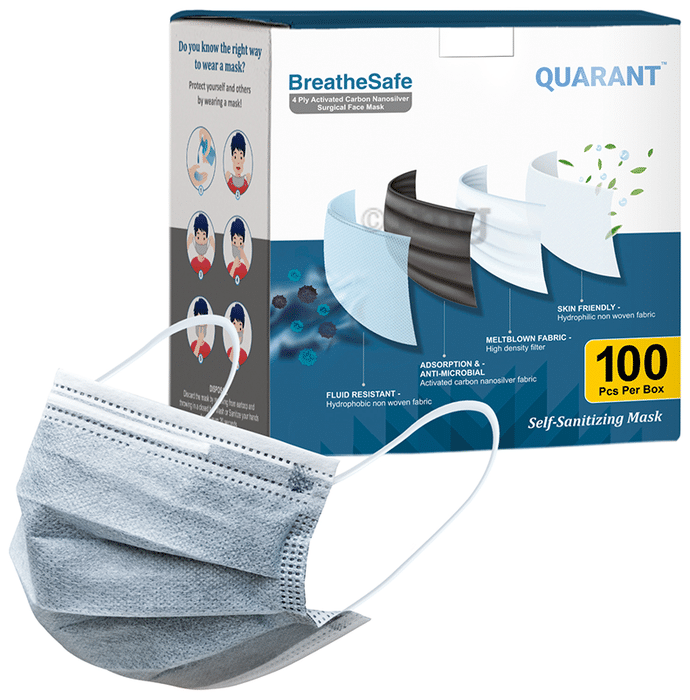 Quarant 4 Ply Activated Carbon Nanosilver Surgical Face Mask with Self Sanitizing Grey