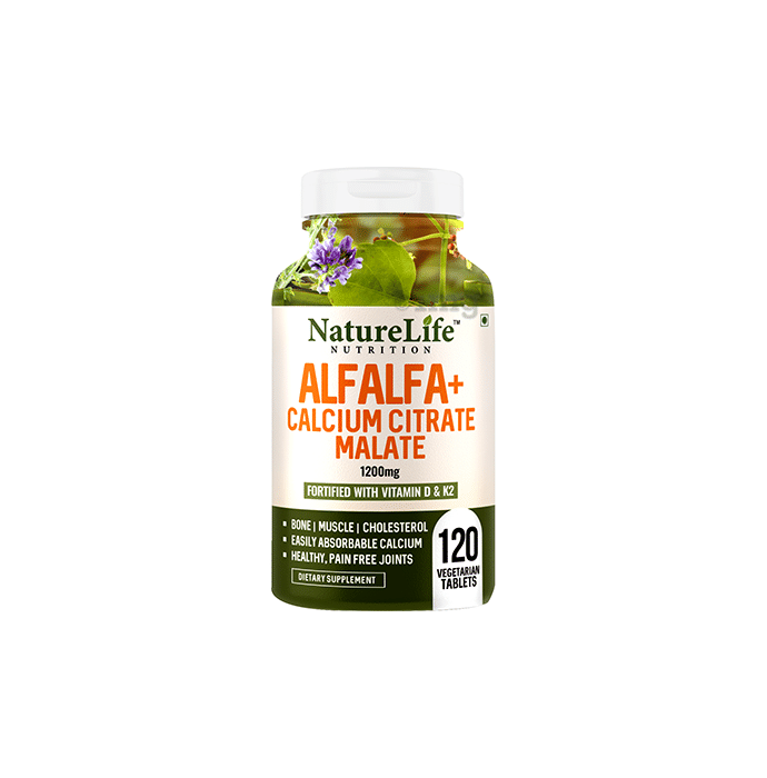 Nature Life Nutrition Tablet Alfalfa + Calcium Citrate Malate 1200 mg | With Vitamin D & K2 for Bone, Muscles & Joints |