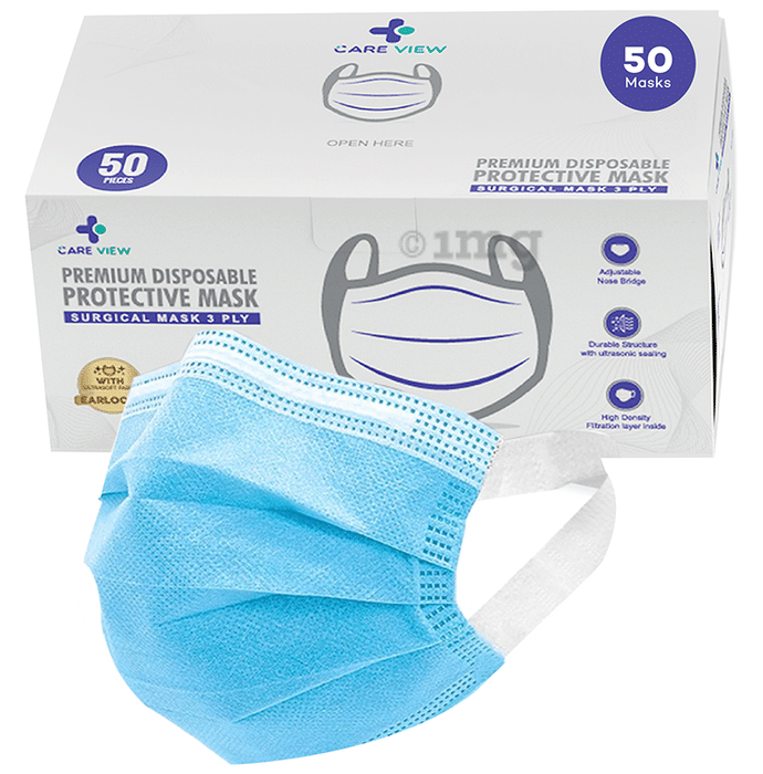 Care View 3 Ply Premium Disposable Protective Surgical Face Mask with Ear Loops Blue