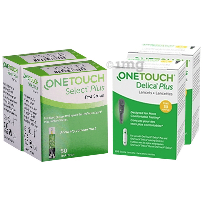 Combo of 2 Pack of OneTouch Select Plus Test Strip (50 Each) & 2 Pack of OneTouch Delica Plus Lancet (25 Each)