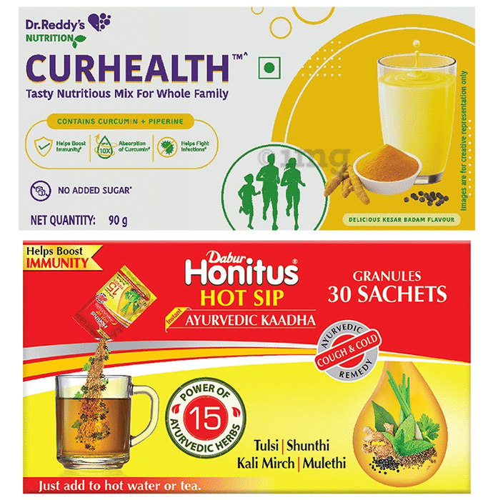 Combo Pack of Dr. Reddy's Nutrition Curhealth Tasty Nutritious Mix for Whole Family Delicious Kesar Badam 90gm & Dabur Honitus Hot Sip Ayurvedic Kaadha 120gm