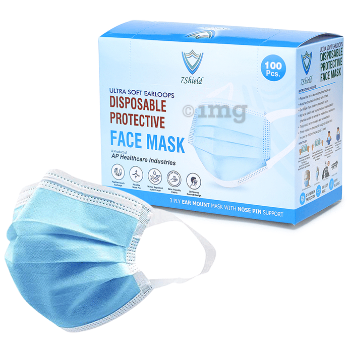 7 Shield 3 Ply Disposable Protective Face Mask with Soft Fabric Ear Loop Blue