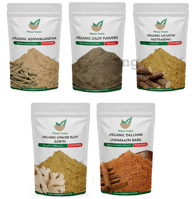 Mewar Impex Combo of 5 Ashwagandha, Giloy, Ginger Root, Dalchini & Mulethi Powder (100gm Each)