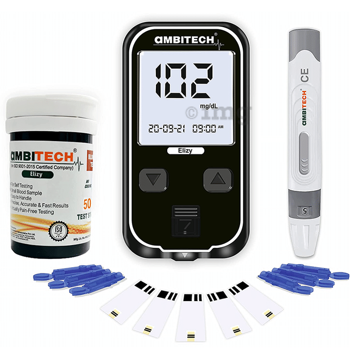 Ambitech Elizy Blood Glucometer Kit with 50 Strips & 50 Lancets