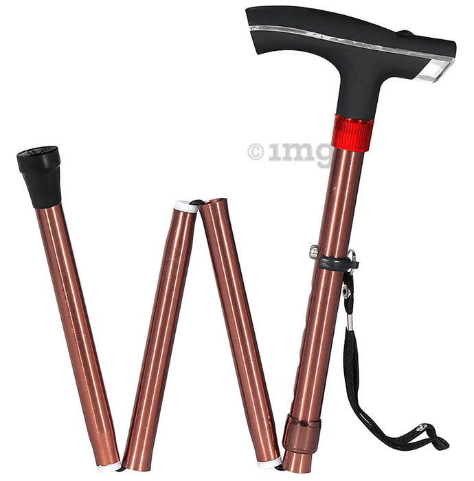 MCP Smart Folding Height Adjustable Walking Stick with LED Torch Light and SOS Alarm Single Leg Brown