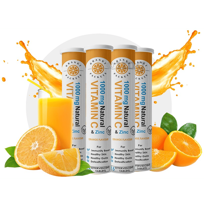 Orange Packets 1000mg Natural Vitamin C & Zinc | Effervescent Tablet for Skin, Gums, Detoxification & Immunity | Flavour Orange