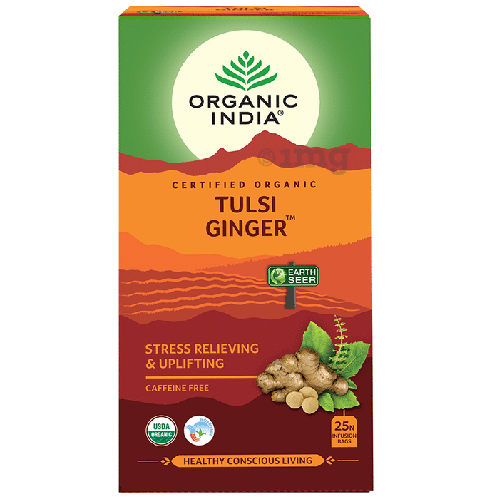 Organic India Tulsi Ginger Green Tea for Stress Relief & Mood Upliftment | Caffeine Free