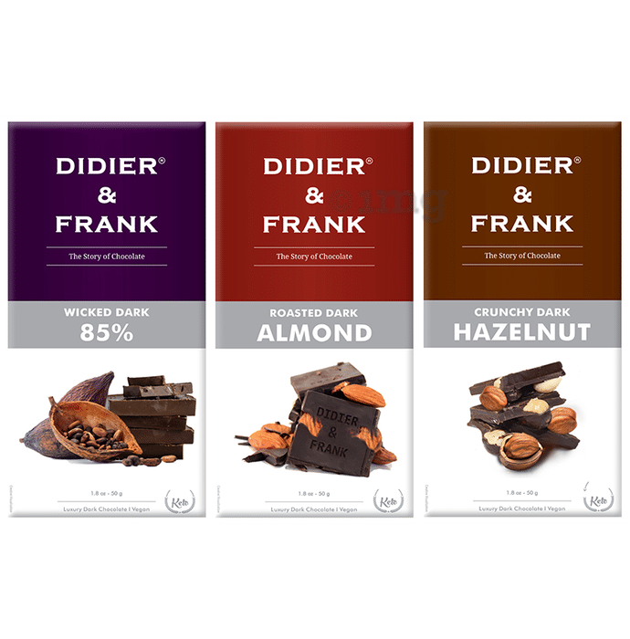 Didier & Frank Chocolate (50gm Each) Wicked Dark 85%, Roasted Dark Almond & Crunchy Dark Hazelnut