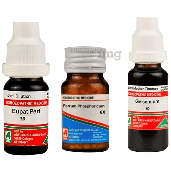 ADEL Fever Care Combo Pack of Eupatorium Perfoliatum Dilution 30CH 10ml, Ferrum Phosphoricum 20gm Biochemic Tablet 6X & Gelsemium Mother Tincture Q 20ml